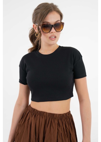 Siyah Bisiklet Yaka Kısa Kol Fitilli Örme Crop Bluz
