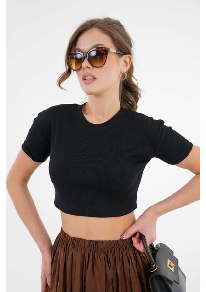 Siyah Bisiklet Yaka Kısa Kol Fitilli Örme Crop Bluz fırsatları