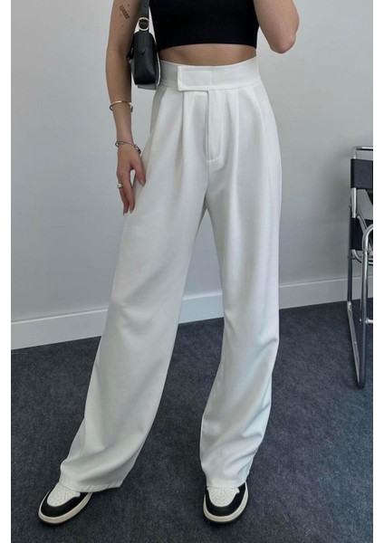 Kadın Yüksek Bel Beli Cırt Kapamalı Palazzo Pantolon - Beyaz fiyatları