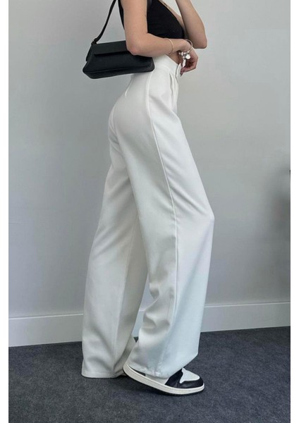 Kadın Yüksek Bel Beli Cırt Kapamalı Palazzo Pantolon - Beyaz modelleri