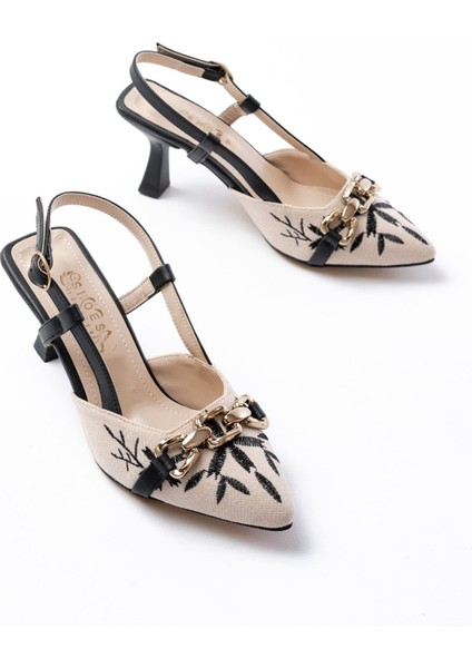 K-250 Siyah Keten Günlük Arkası Açık Tokalı Topuklu Kadın Ayakkabı modelleri