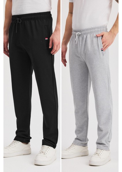 Siyah-Antrasit Erkek Fermuarlı Cepli Nakış Detaylı Düz Paça Rahat Kesim Günlük 2'li Eşofman Altı