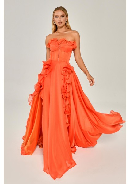 Straplez Fırfırlı Çift Yırtmaçlı Şifon Uzun Abiye Elbise Alfabeta fiyatları