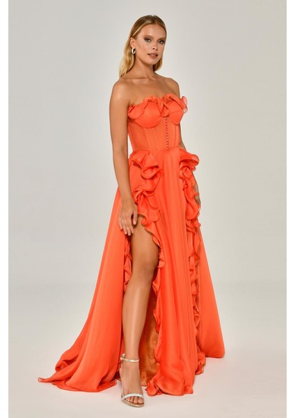 Straplez Fırfırlı Çift Yırtmaçlı Şifon Uzun Abiye Elbise Alfabeta modelleri