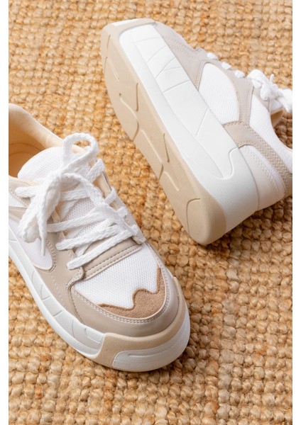 SP-190 Bej Garni Bağcıklı Fileli Yüksek Taban Günlük Spor Ayakkabı fırsatları