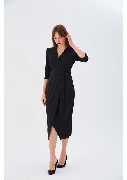 Nefeli V Yaka Midi Sarımlı Elbise - Minimalist Şık Günlük