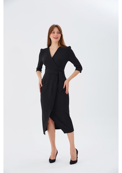 Nefeli V Yaka Midi Sarımlı Elbise - Minimalist Şık Günlük fiyatları