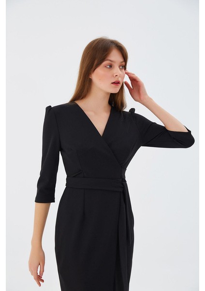 Nefeli V Yaka Midi Sarımlı Elbise - Minimalist Şık Günlük modelleri