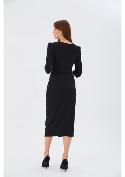 Nefeli V Yaka Midi Sarımlı Elbise - Minimalist Şık Günlük fırsatları