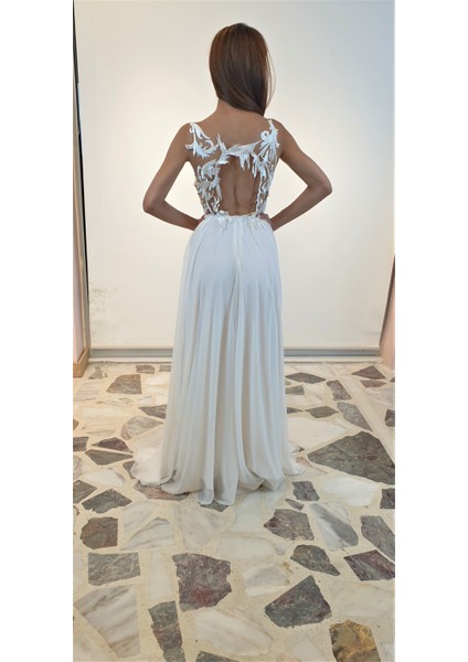 Tasarım Sırt Dekolte Detaylı Beyaz Maxi Nikah& After Party&mezuniyet Elbisesi fırsatları
