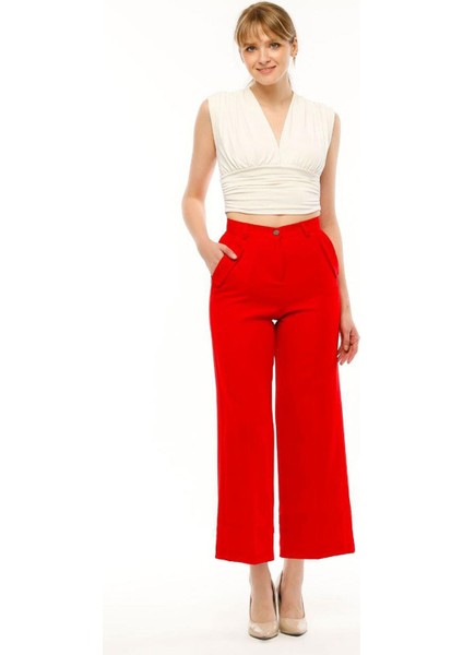 Kadın Yüksek Bel Cebi Kapaklı Rahat Kalıp Palazzo Pantolon - Kırmızı