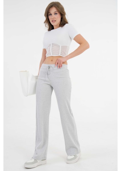 Gri Bağcıklı Fitted/vücuda Oturan Esnek Fitilli Örme Pantolon