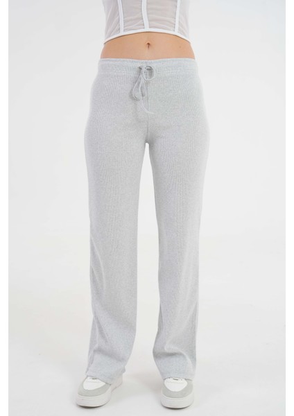 Gri Bağcıklı Fitted/vücuda Oturan Esnek Fitilli Örme Pantolon