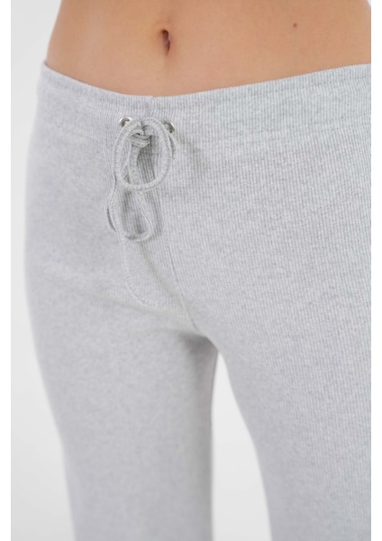 Gri Bağcıklı Fitted/vücuda Oturan Esnek Fitilli Örme Pantolon