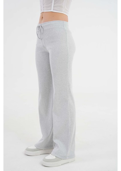 Gri Bağcıklı Fitted/vücuda Oturan Esnek Fitilli Örme Pantolon