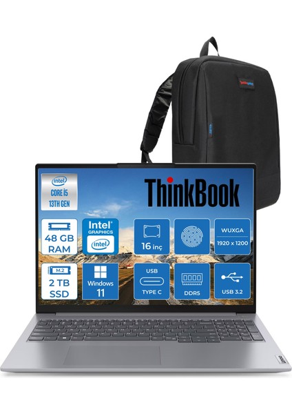 Thinkbook 16 G6 Irl Intel Core I5 13420H 48GB Ddr5 2tb SSD 16" Wuxga 300NITS IPS Windows 11 Home Taşınabilir Bilgisayar 21KH00SXTRH19 + Zetta Çanta