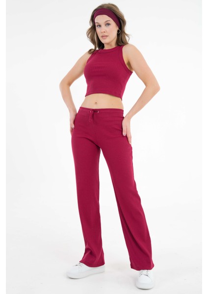 Bordo Bağcıklı Fitted/vücuda Oturan Esnek Fitilli Örme Pantolon