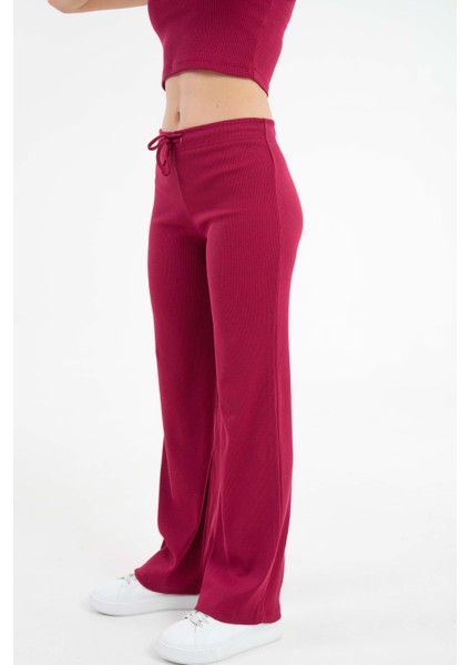 Bordo Bağcıklı Fitted/vücuda Oturan Esnek Fitilli Örme Pantolon