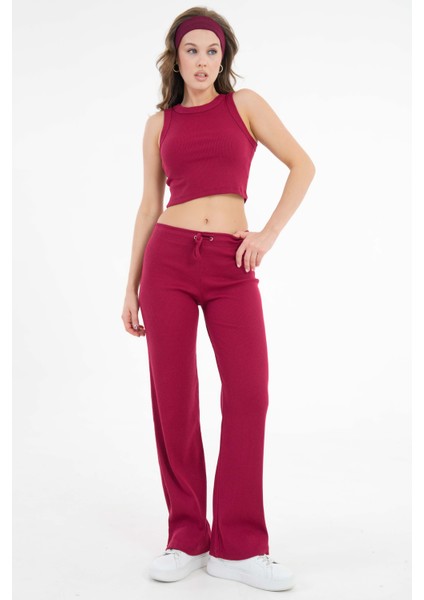 Bordo Bağcıklı Fitted/vücuda Oturan Esnek Fitilli Örme Pantolon