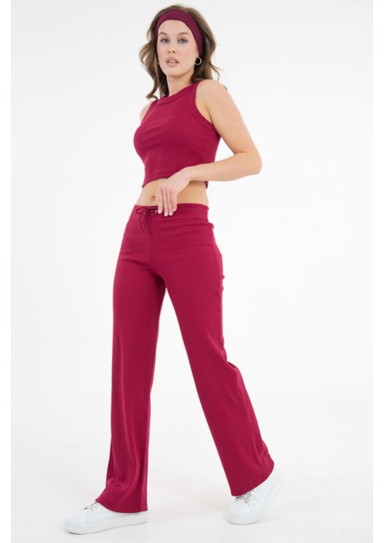 Bordo Bağcıklı Fitted/vücuda Oturan Esnek Fitilli Örme Pantolon