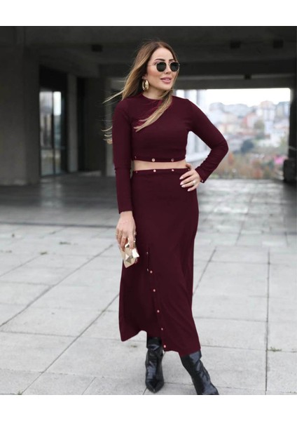 Kadın Uzun Kollu Çıtçıtlı Viskon Krop Bluz ve Yırtmaçlı Etek Istenildiğinde Elbise Olan Ikili Takım