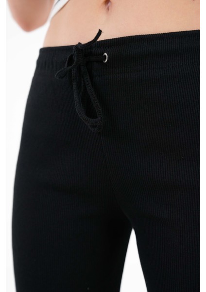 Siyah Bağcıklı Fitted/vücuda Oturan Esnek Fitilli Örme Pantolon
