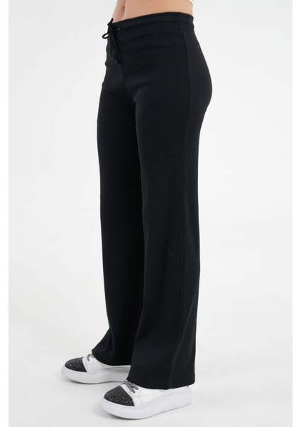 Siyah Bağcıklı Fitted/vücuda Oturan Esnek Fitilli Örme Pantolon