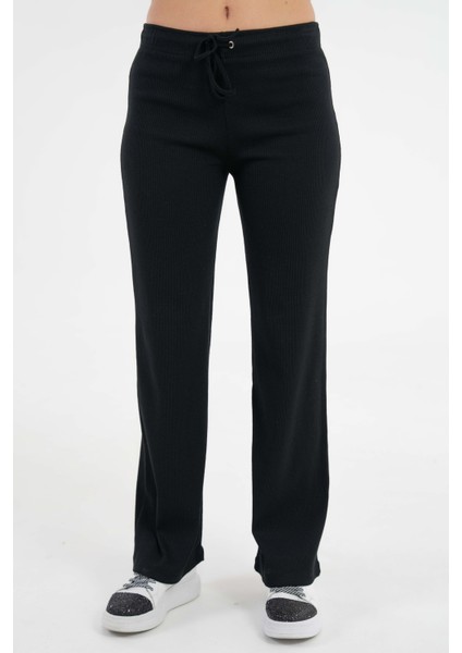 Siyah Bağcıklı Fitted/vücuda Oturan Esnek Fitilli Örme Pantolon