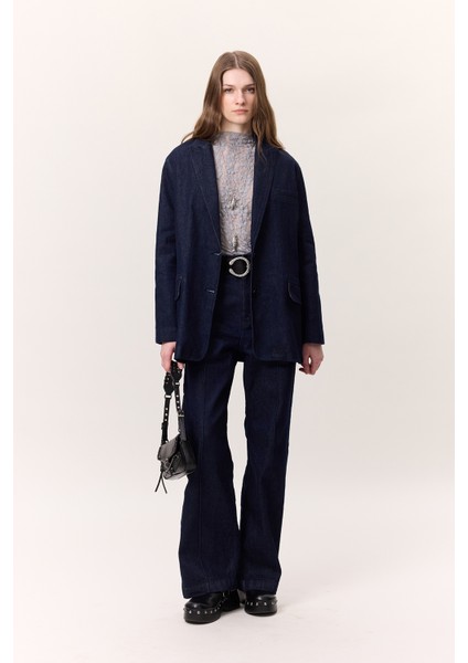 Dikiş Detaylı Geniş Paça Denım Pantolon Derin Mavi