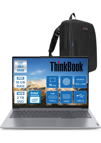Thinkbook 16 G6 Irl Intel Core I5 13420H 16GB Ddr5 2tb SSD 16" Wuxga 300NITS IPS Freedos Taşınabilir Bilgisayar 21KH00SXTRF03 + Zetta Çanta