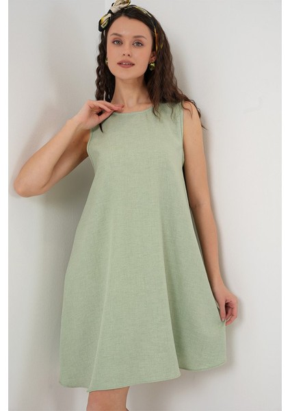 2444 Mini Keten Elbise - E.yeşil fırsatları