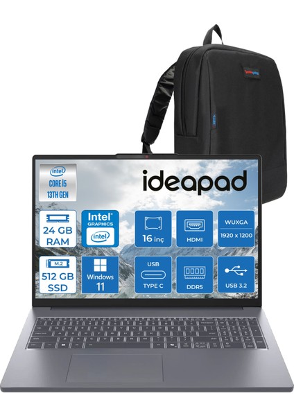 Ideapad Slim 3 16IRH10 Intel Core I5 13420H 24GB 512GB SSD Windows 11 Home 16" Wuxga (1920X1200) IPS 300NITS Taşınabilir Bilgisayar 83K2001UTRH04 + Zetta Çanta