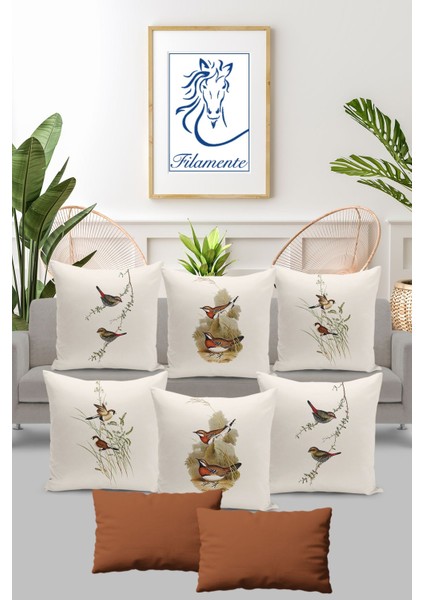 8 Li Çift Taraflı Dijital Baskı Kırlent Kılıfı Kuşlu