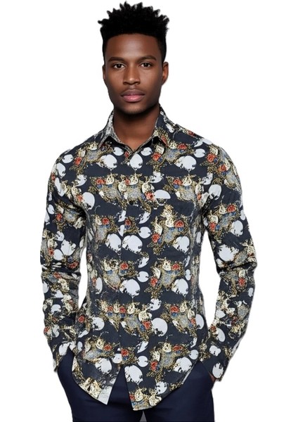 Siyah Desenli Modern Fit Uzun Kollu Erkek Gömlek