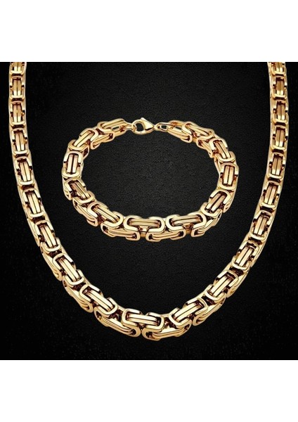 Çelik Takı Seti Bileklik Kolye Kral Zincir Model 0.5 mm 22-55 cm Bizans Bağlantı Altın Sarısı Gold