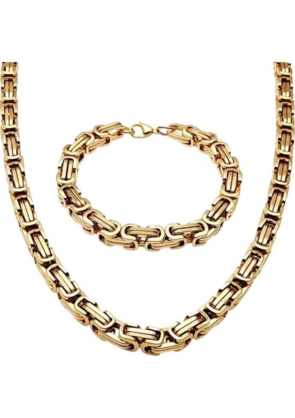 Çelik Takı Seti Bileklik Kolye Kral Zincir Model 0.5 mm 22-55 cm Bizans Bağlantı Altın Sarısı Gold modelleri