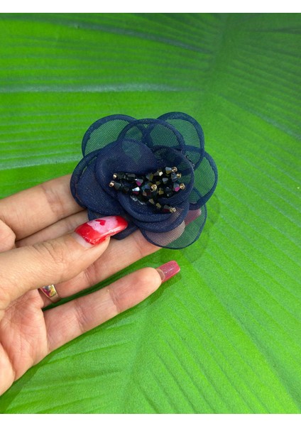 Boncuk Işleme Lacivert Çiçekli Broş Yaka Giyim Türban Aksesuarı 6x5 cm