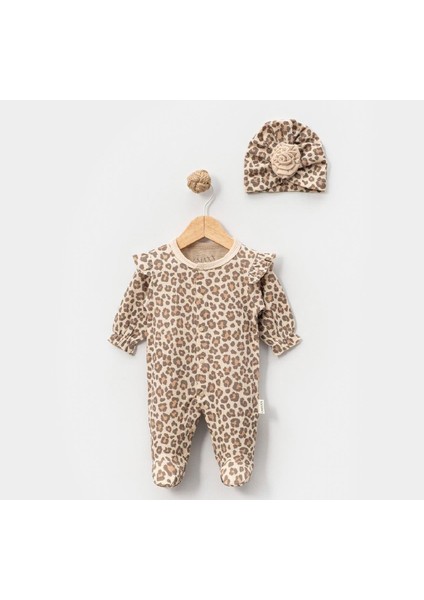 Viki Leopar Desenli Şapkalı Bebek Tulum Set