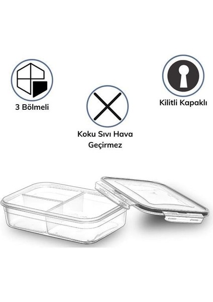 ® 3 Bölmeli Kilitli Kapaklı 1 Litre Erzak Saklama Kabı LC-510