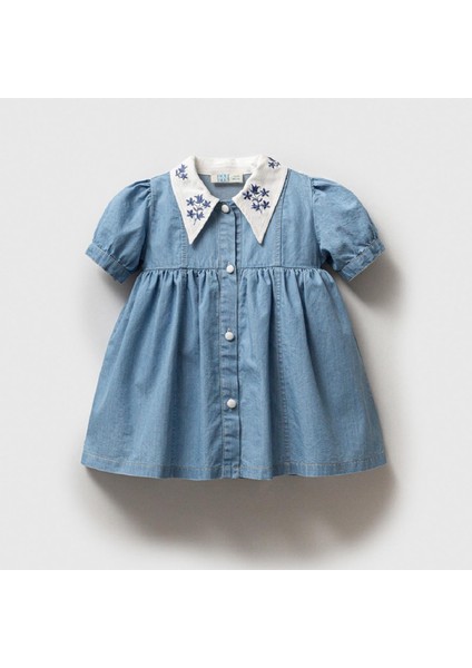 Alina Kız Bebek Nakış Yaka Detaylı Denim Elbise