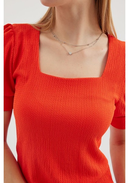 0409 Kare Yaka Örme Bluz - Oranje