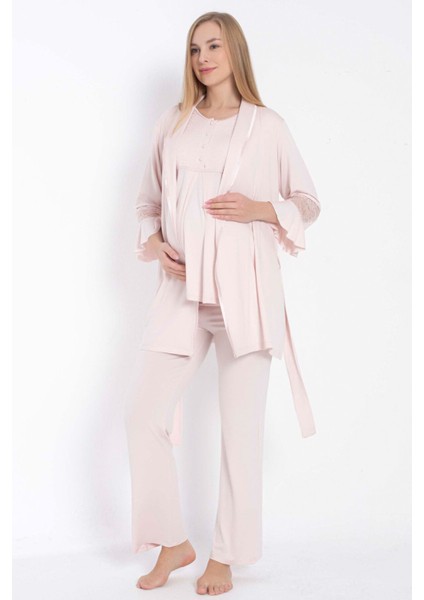 11314 Kısa Kol Bisiklet Yaka Kadın Viskon Dantel Detaylı Hamile Pijama Takımı Sabahlık