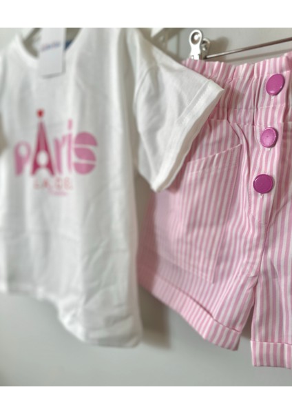 Paris Kız Çocuk Çizgili Denim Şortlu Takım