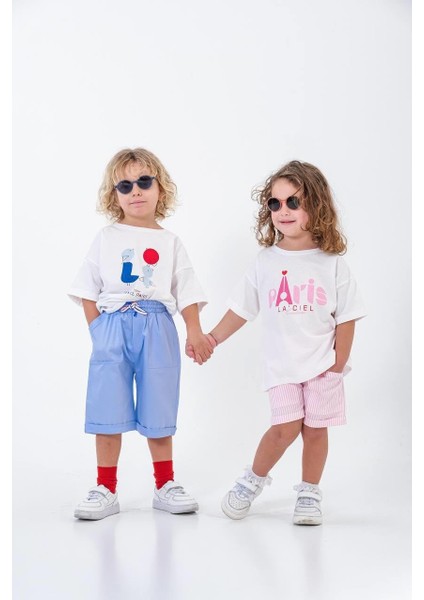 Paris Kız Çocuk Çizgili Denim Şortlu Takım