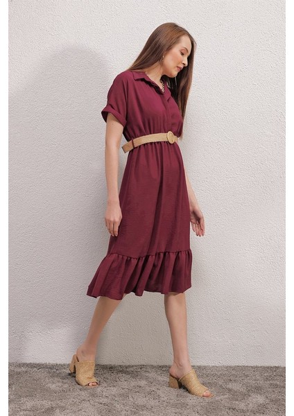 2292 Kemerli Elbise - Bordo fiyatları
