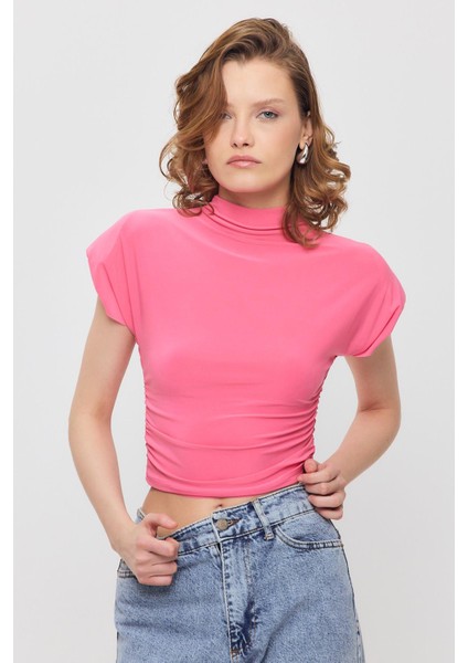 13185 Vatkalı Drapeli Kısa Kollu Bluz Pembe