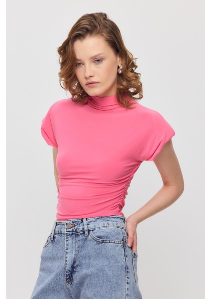 13185 Vatkalı Drapeli Kısa Kollu Bluz Pembe fiyatları