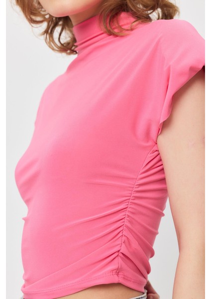 13185 Vatkalı Drapeli Kısa Kollu Bluz Pembe fırsatları