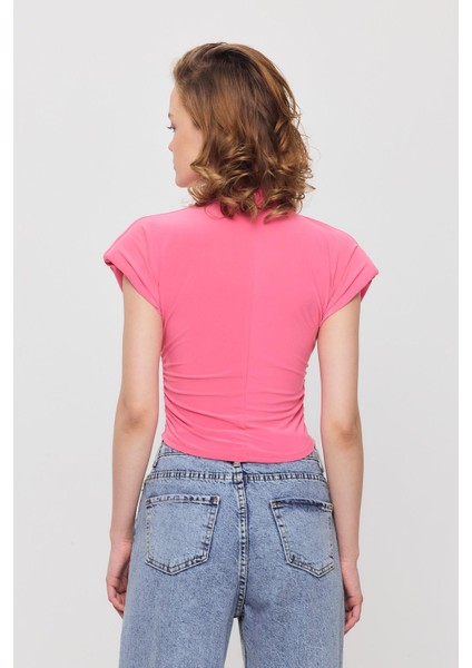 13185 Vatkalı Drapeli Kısa Kollu Bluz Pembe indirimleri