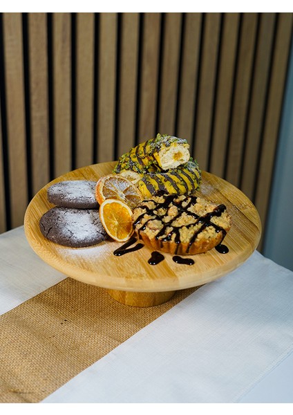 Badehome Decoration Doğal Bambu Ayaklı Yuvarlak Sunum Tabağı 25 cm